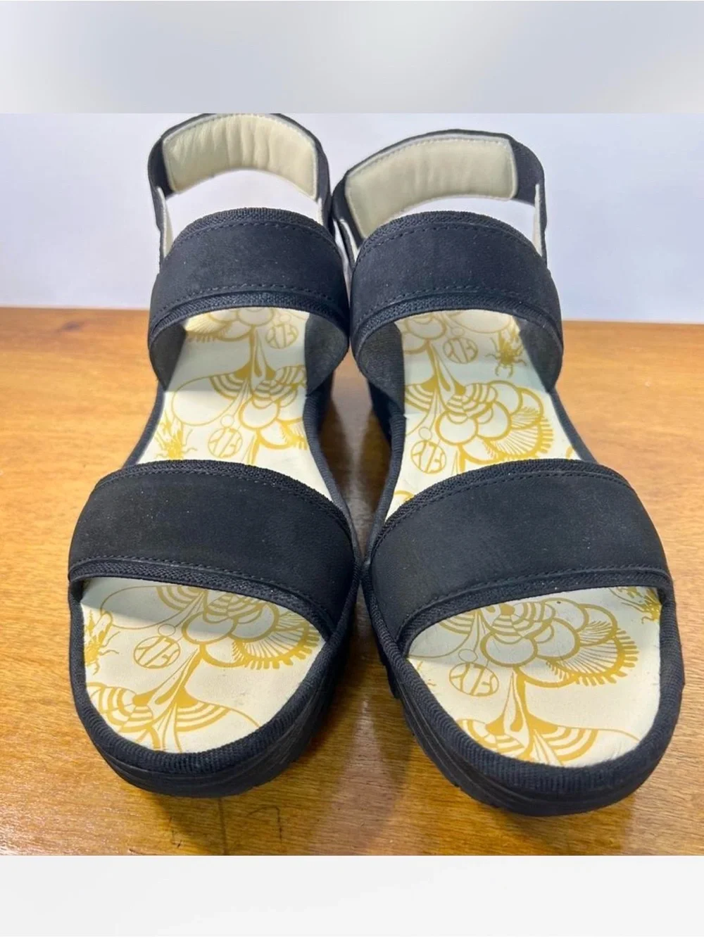 Fly London Black Yaco Platform Elastic Strap Wedge Sandals